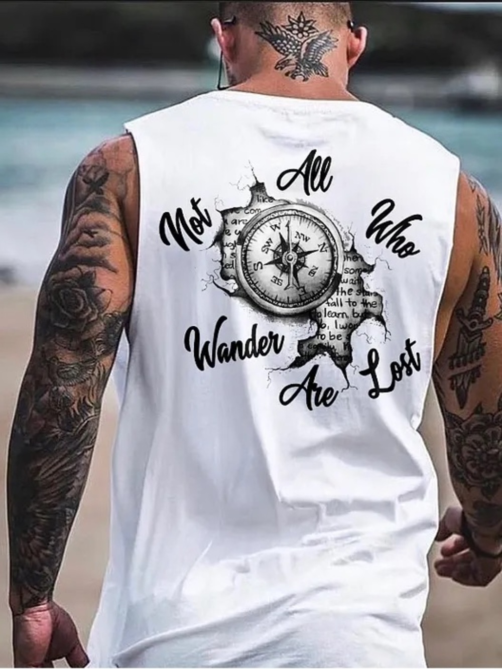 Men's White Sleeveless Graphic Tank - 'Not All Who Wander Are Lost'
